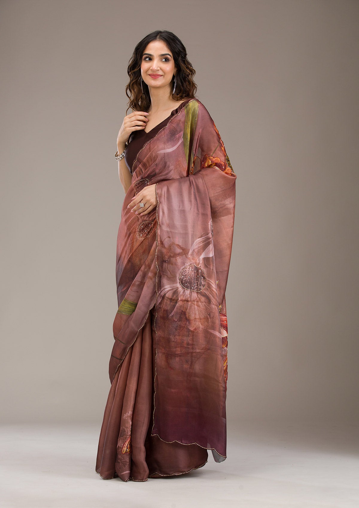 Brown Printed Tissue Saree