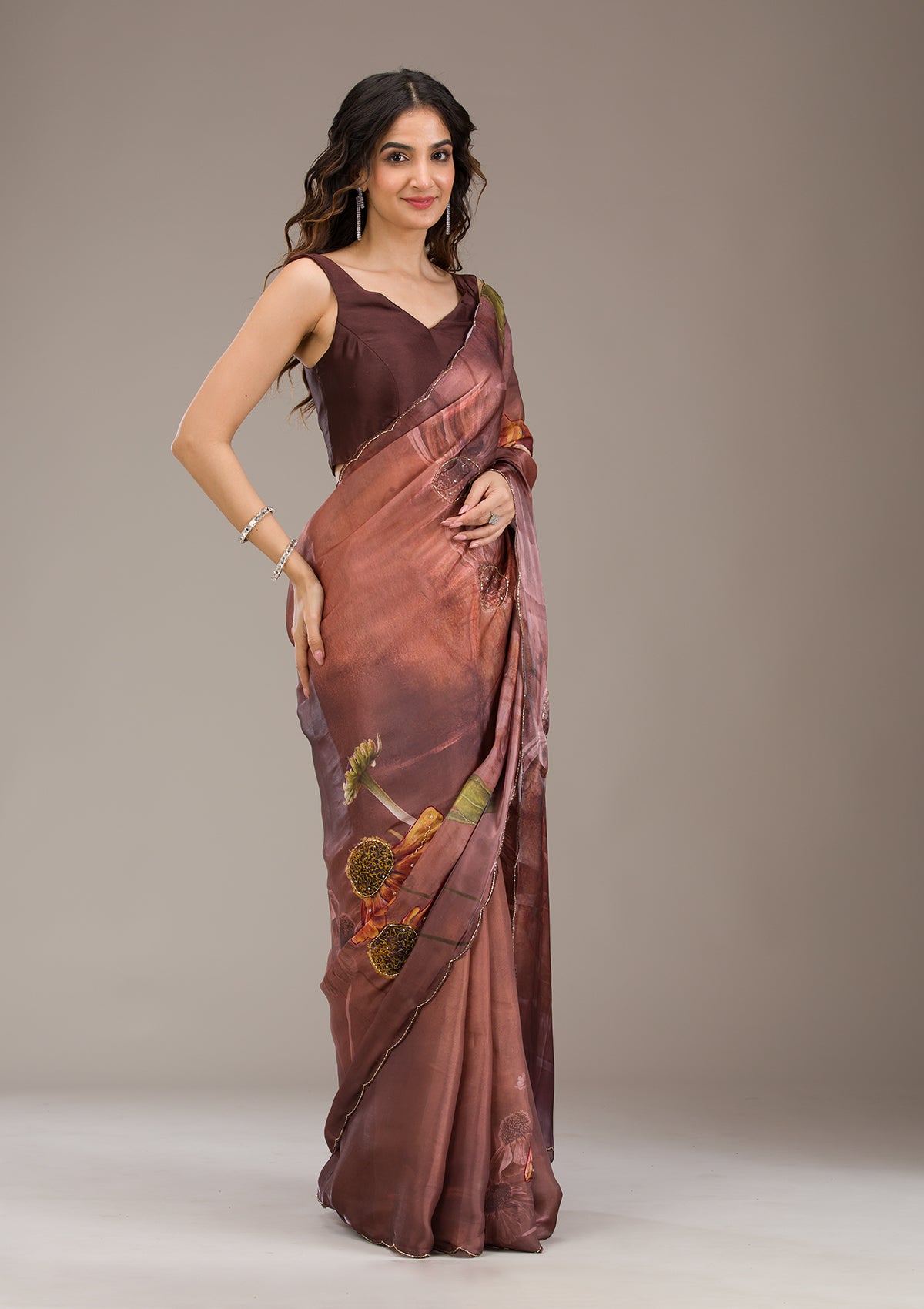 Brown Printed Tissue Saree