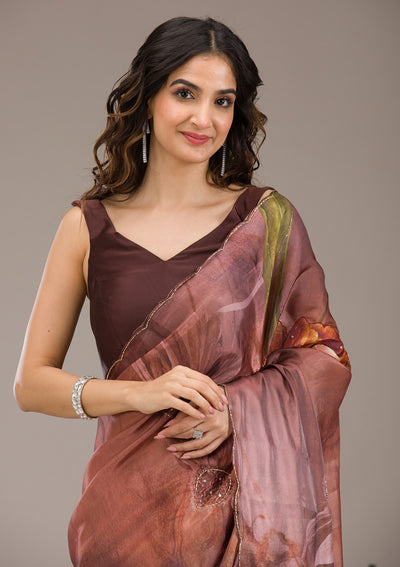 Brown Printed Tissue Saree