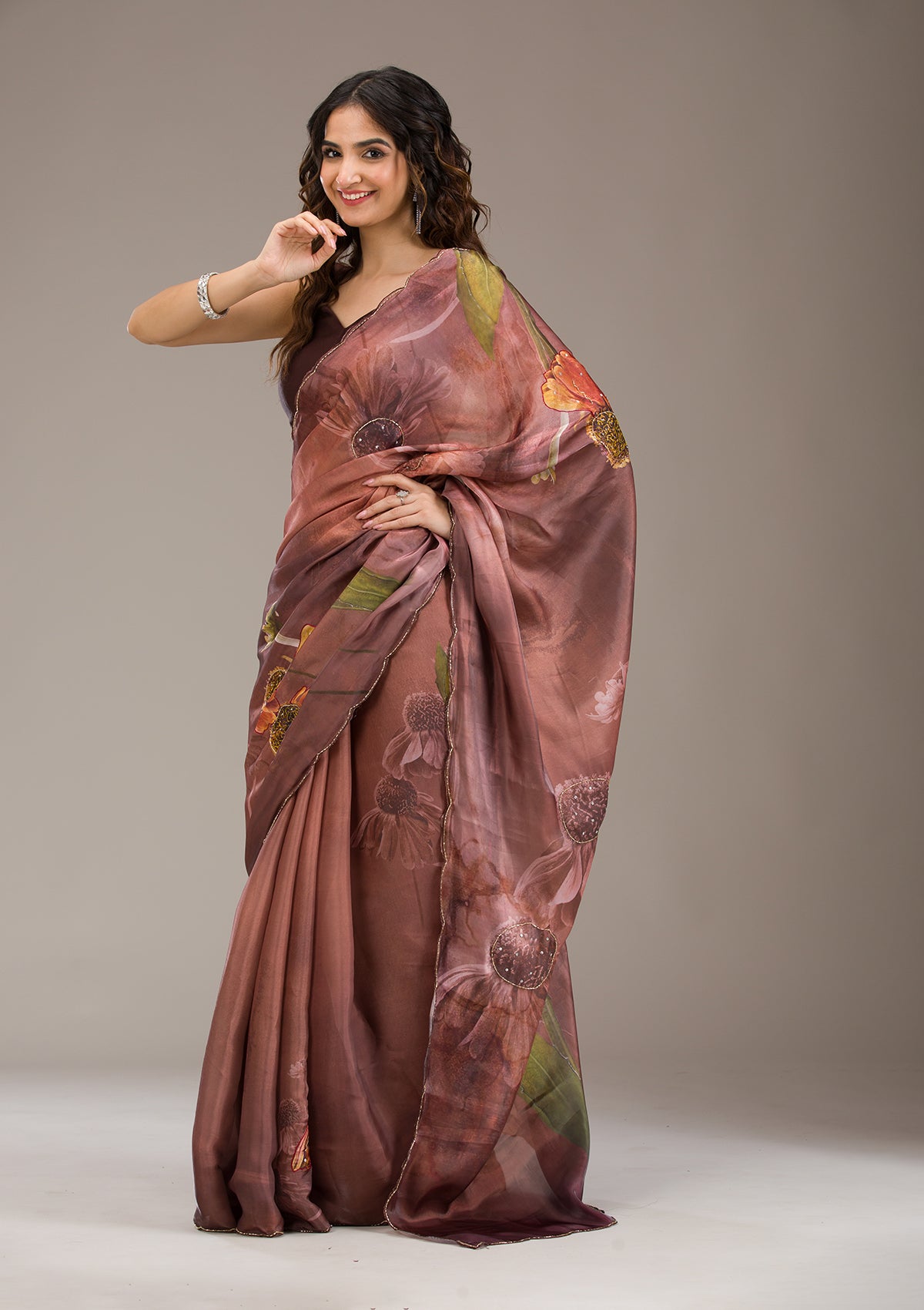 Brown Printed Tissue Saree