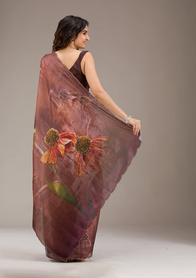 Brown Printed Tissue Saree