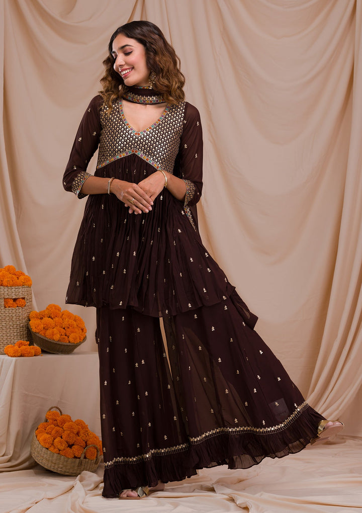 Brown Sequins Georgette Readymade Salwar Suit-Koskii