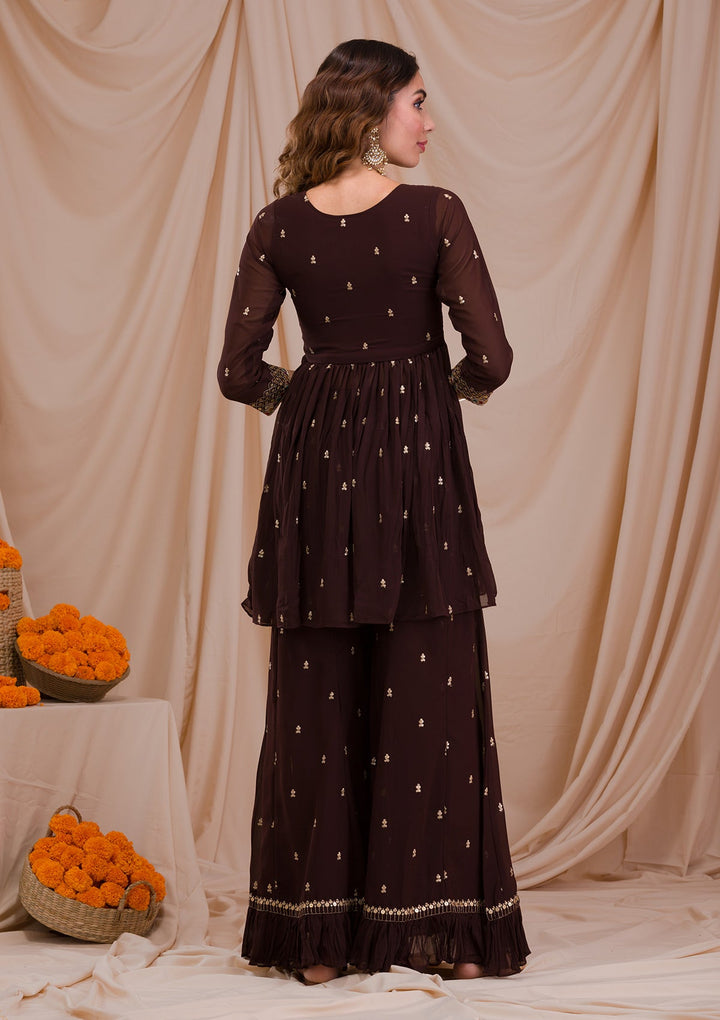 Brown Sequins Georgette Readymade Salwar Suit-Koskii