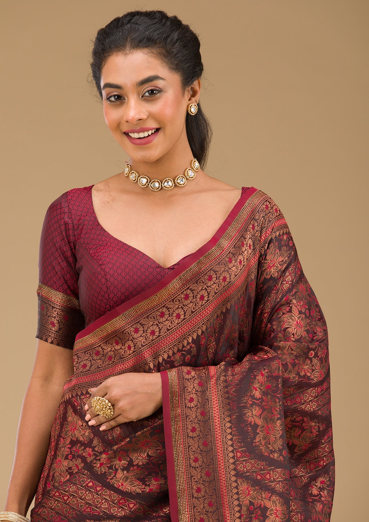 Brown Stonework Art Silk Saree-Koskii