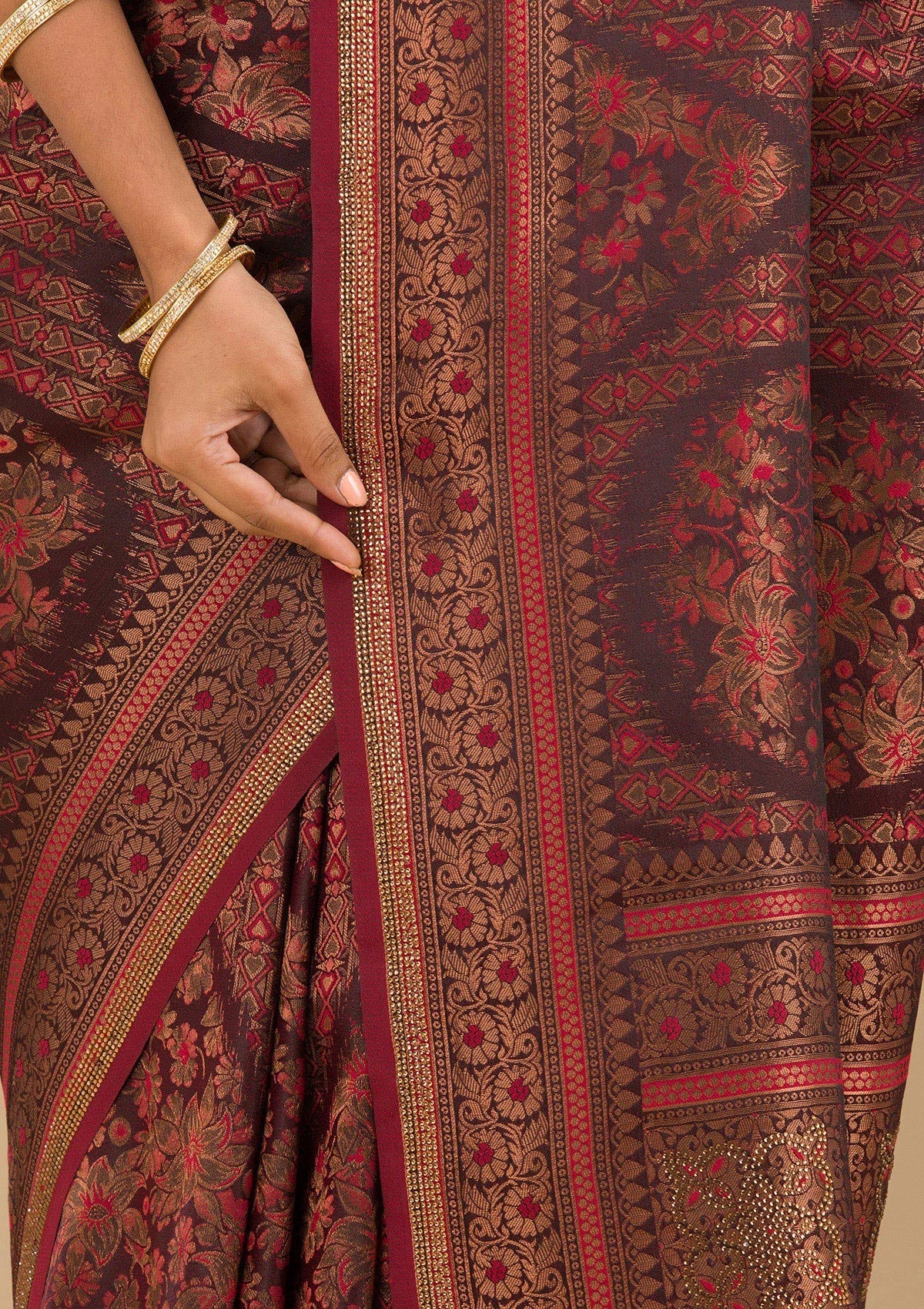 Brown Stonework Art Silk Saree-Koskii