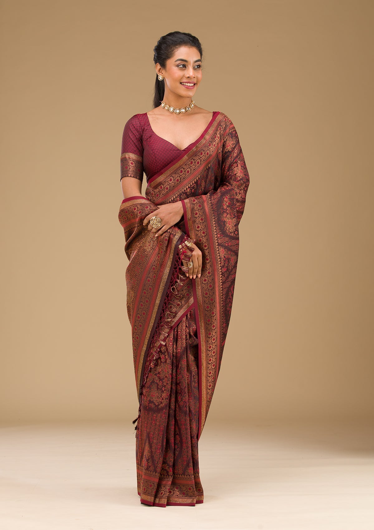 Brown Stonework Art Silk Saree-Koskii