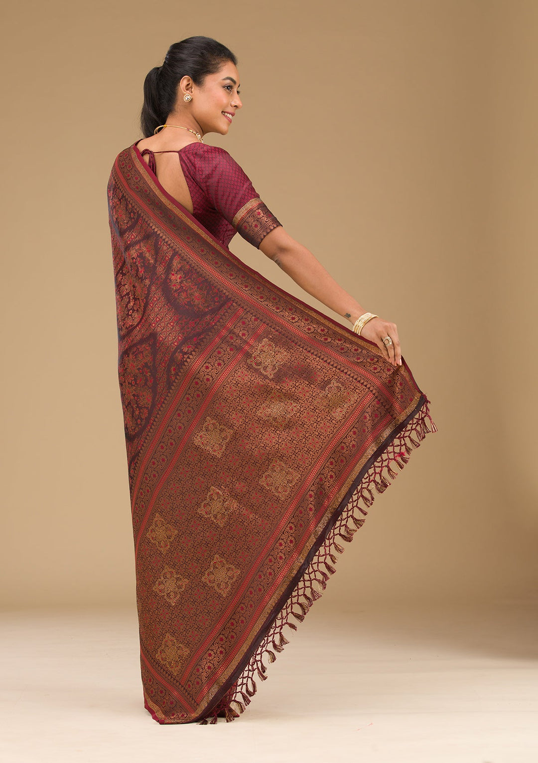 Brown Stonework Art Silk Saree-Koskii