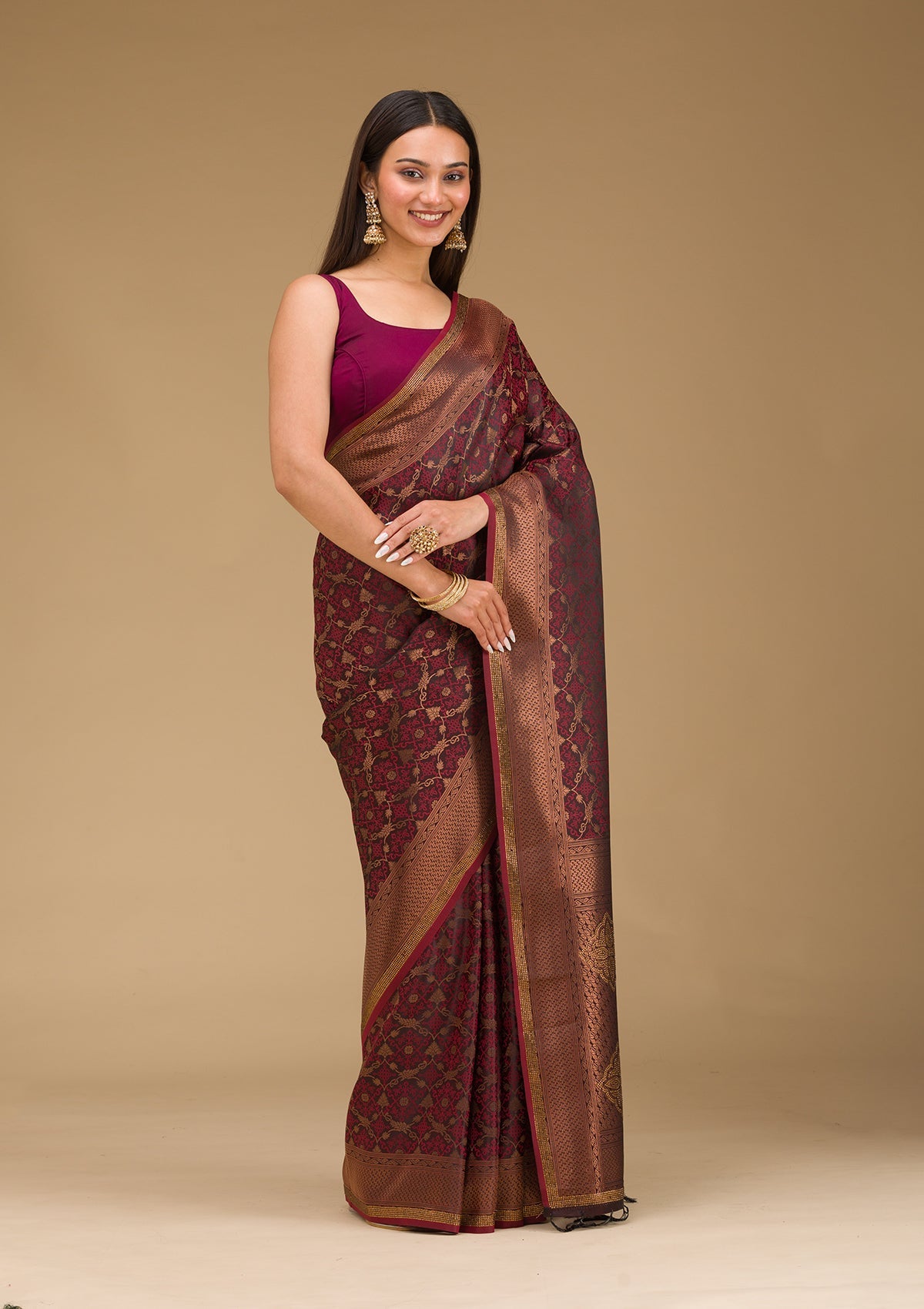 Brown Stonework Art Silk Saree