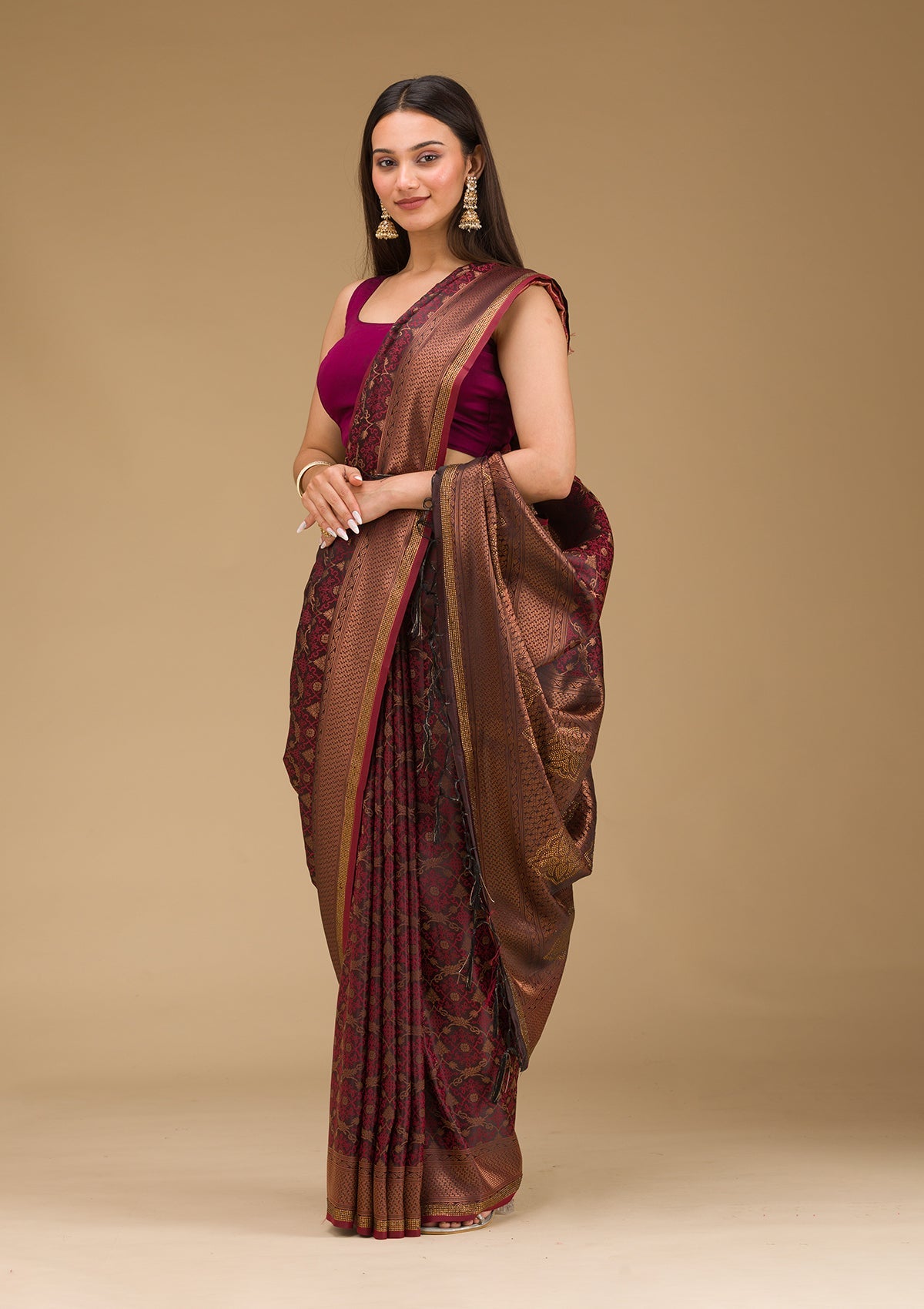 Brown Stonework Art Silk Saree-Koskii