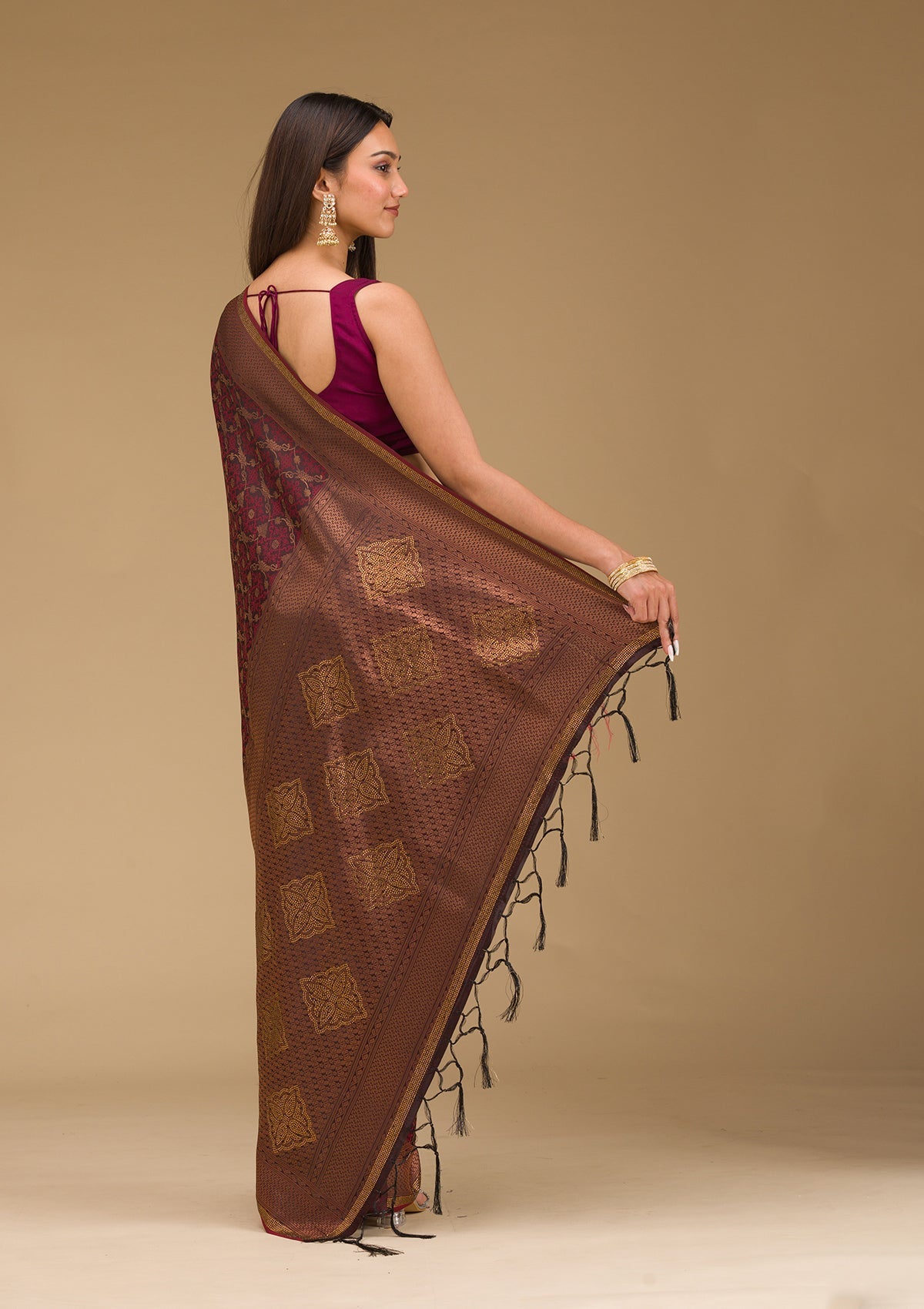 Brown Stonework Art Silk Saree