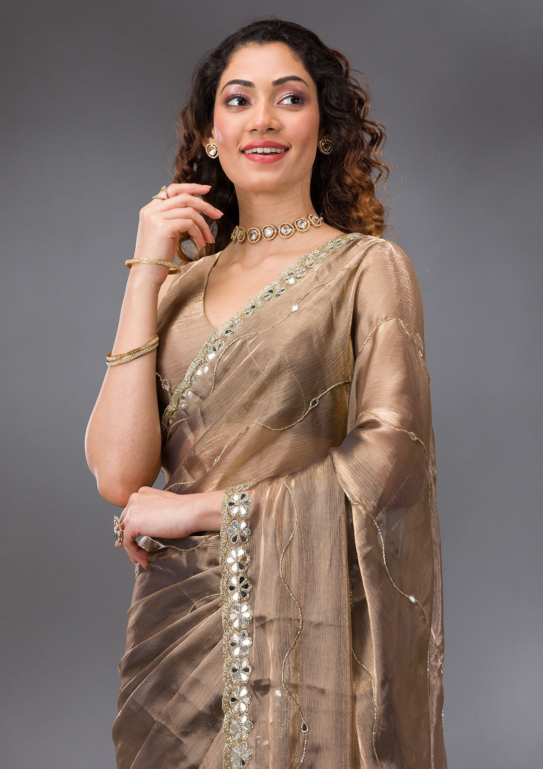 Brown Stonework Georgette Saree-Koskii