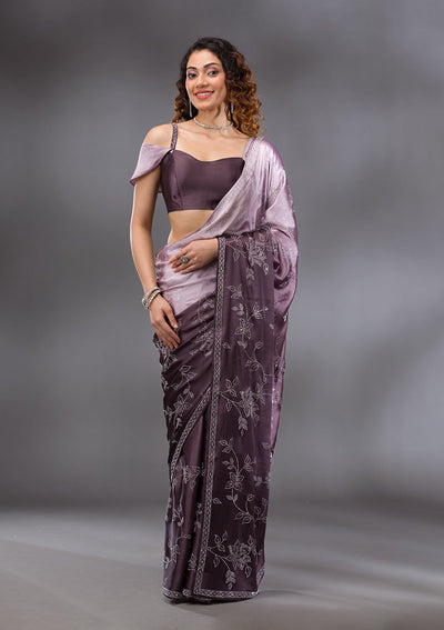 Brown Stonework Satin Saree-Koskii