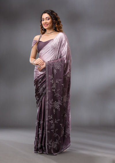 Brown Stonework Satin Saree-Koskii