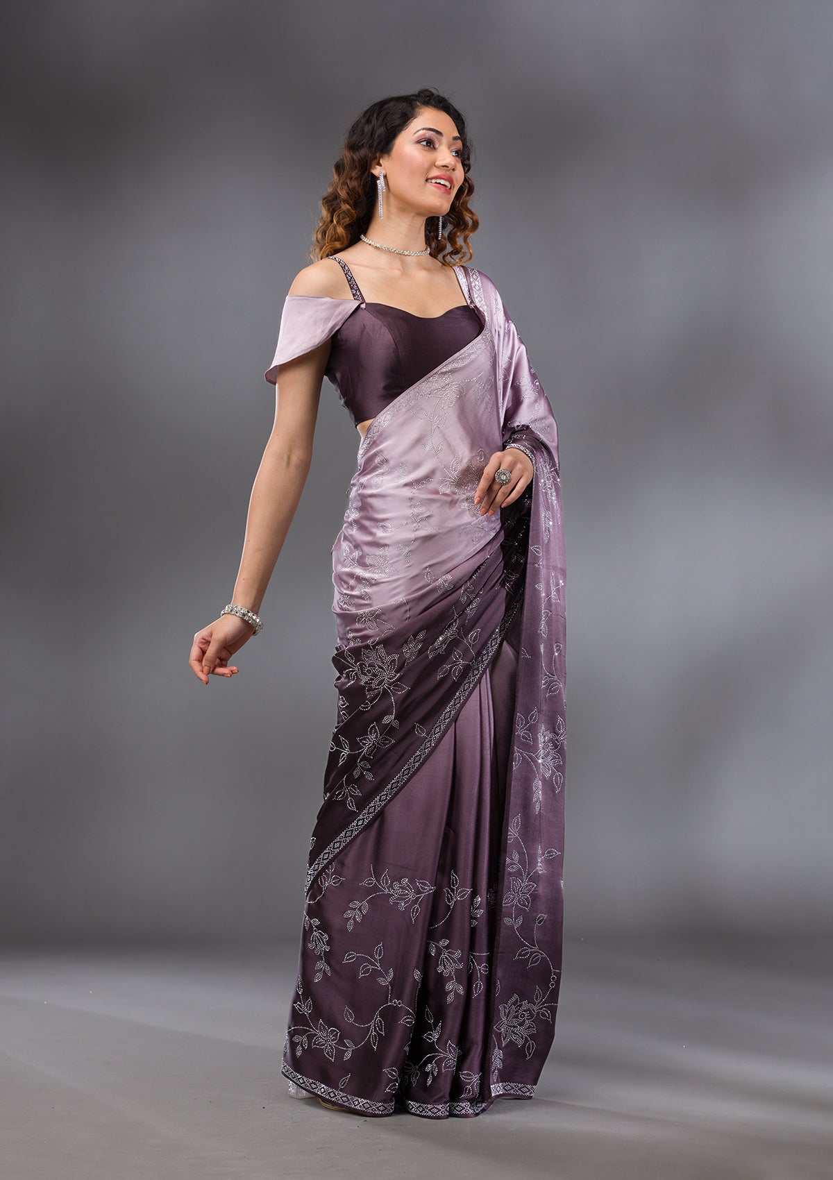 Brown Stonework Satin Saree-Koskii