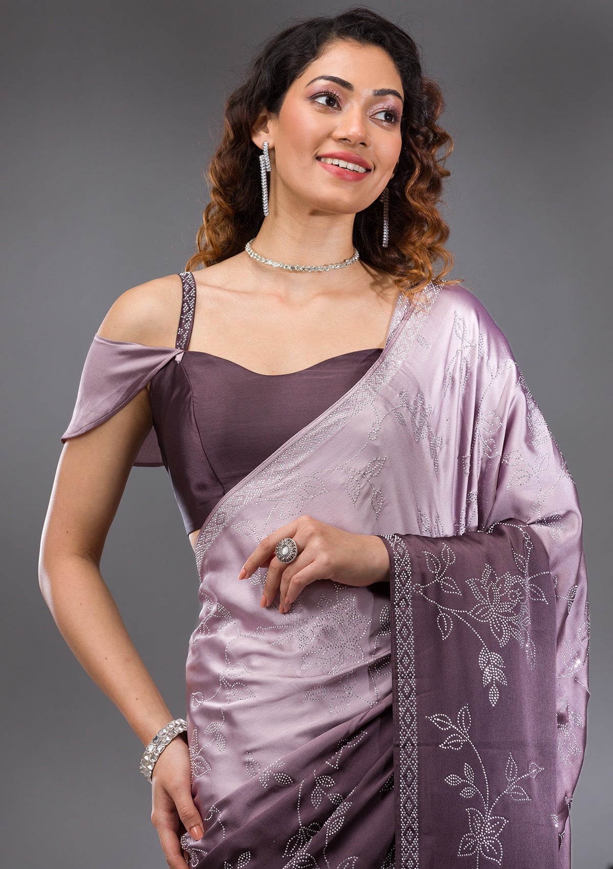 Brown Stonework Satin Saree-Koskii