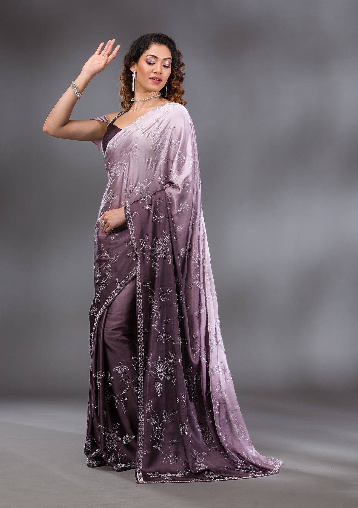 Brown Stonework Satin Saree-Koskii