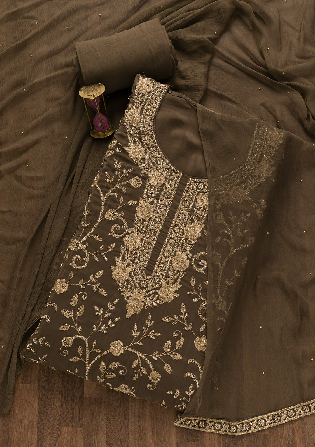 Brown Stonework Semi Crepe Unstitched Salwar Suit-Koskii