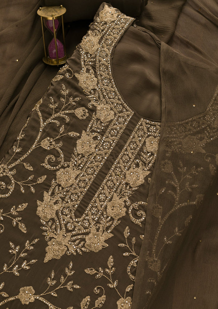 Brown Stonework Semi Crepe Unstitched Salwar Suit-Koskii
