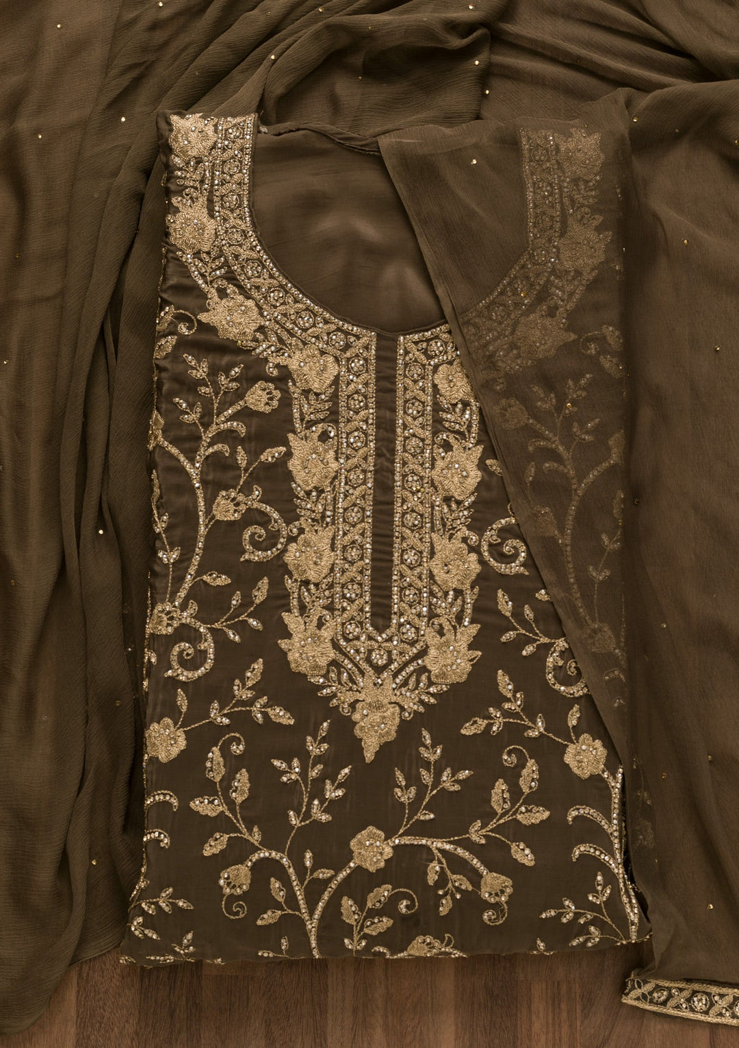Brown Stonework Semi Crepe Unstitched Salwar Suit-Koskii