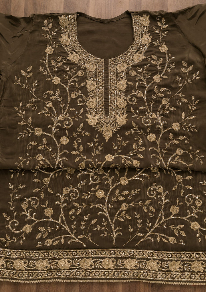 Brown Stonework Semi Crepe Unstitched Salwar Suit-Koskii