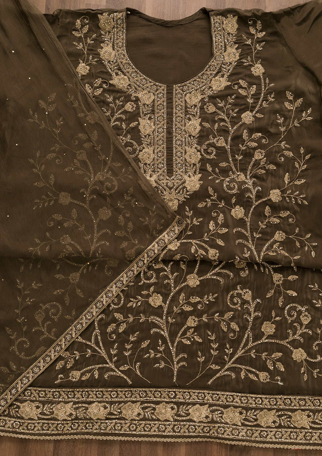 Brown Stonework Semi Crepe Unstitched Salwar Suit-Koskii