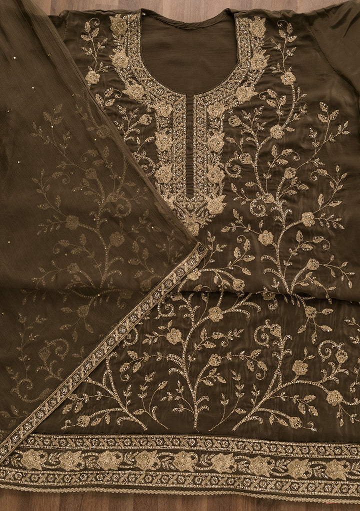 Brown Stonework Semi Crepe Unstitched Salwar Suit-Koskii