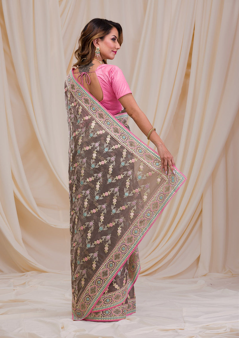 Brown Swarovski Chiffon Saree-Koskii