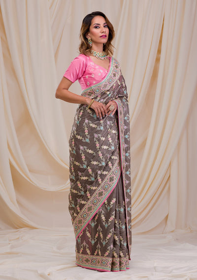 Brown Swarovski Chiffon Saree-Koskii