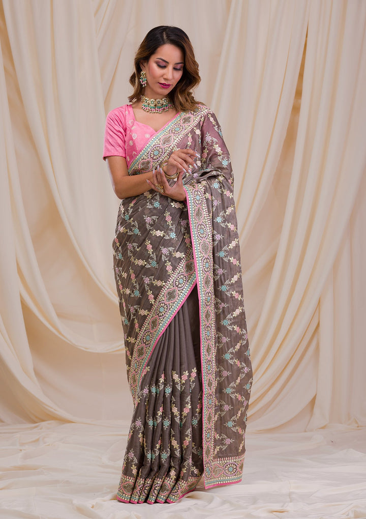 Brown Swarovski Chiffon Saree-Koskii