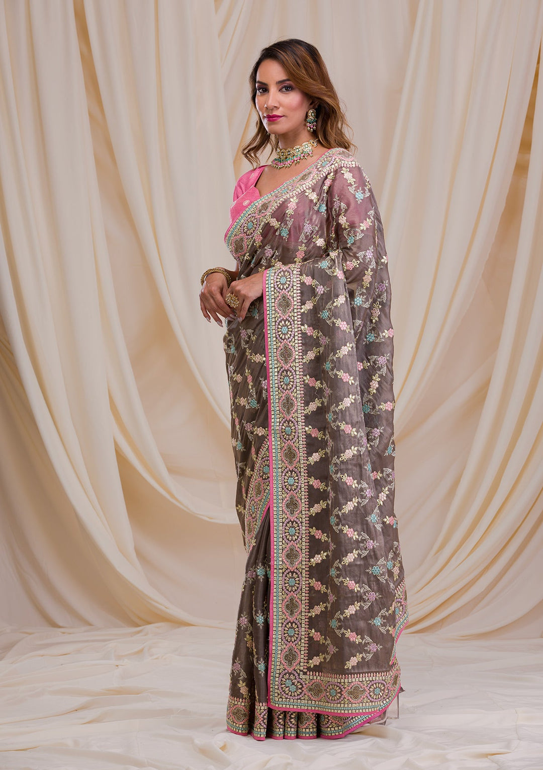 Brown Swarovski Chiffon Saree-Koskii