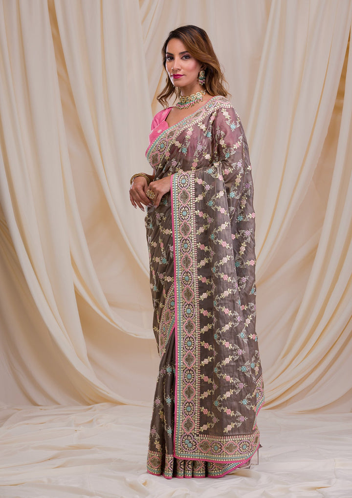 Brown Swarovski Chiffon Saree-Koskii