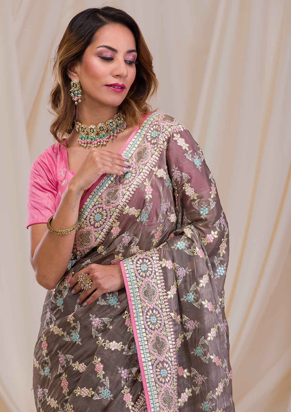 Brown Swarovski Chiffon Saree-Koskii