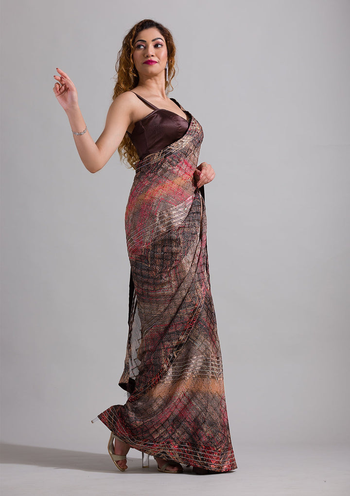 Brown Swarovski Georgette Saree-Koskii