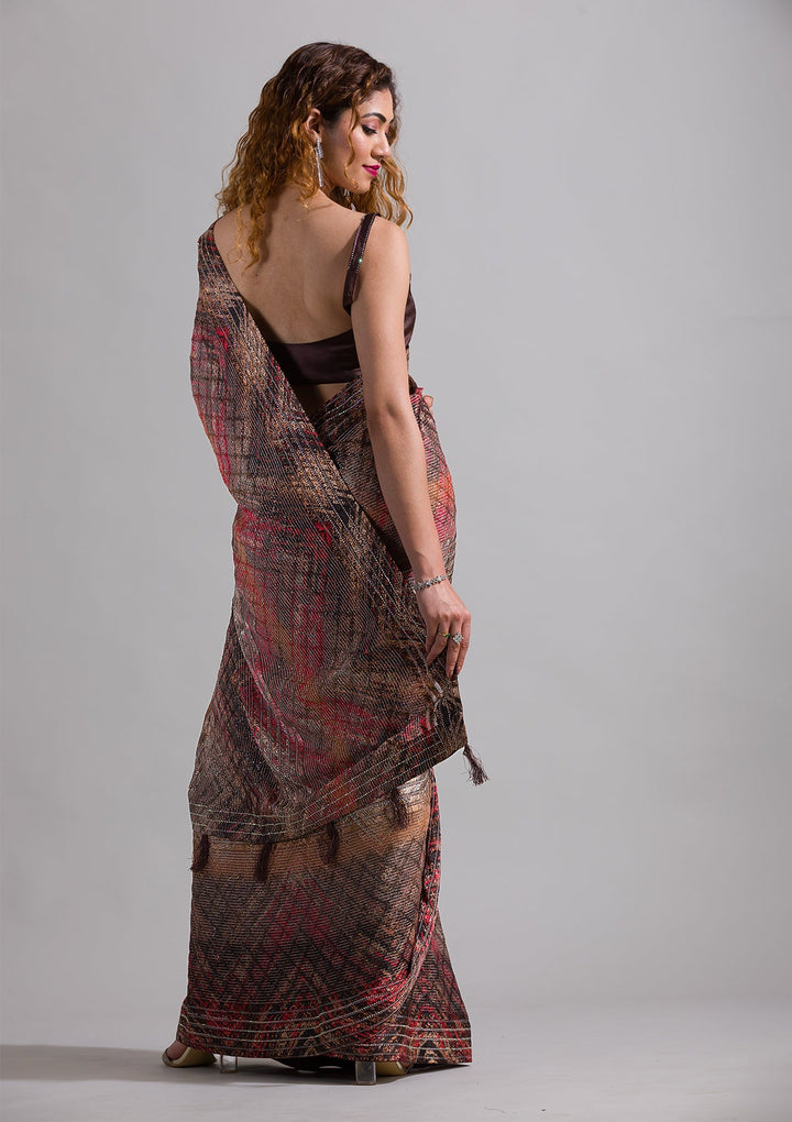 Brown Swarovski Georgette Saree-Koskii