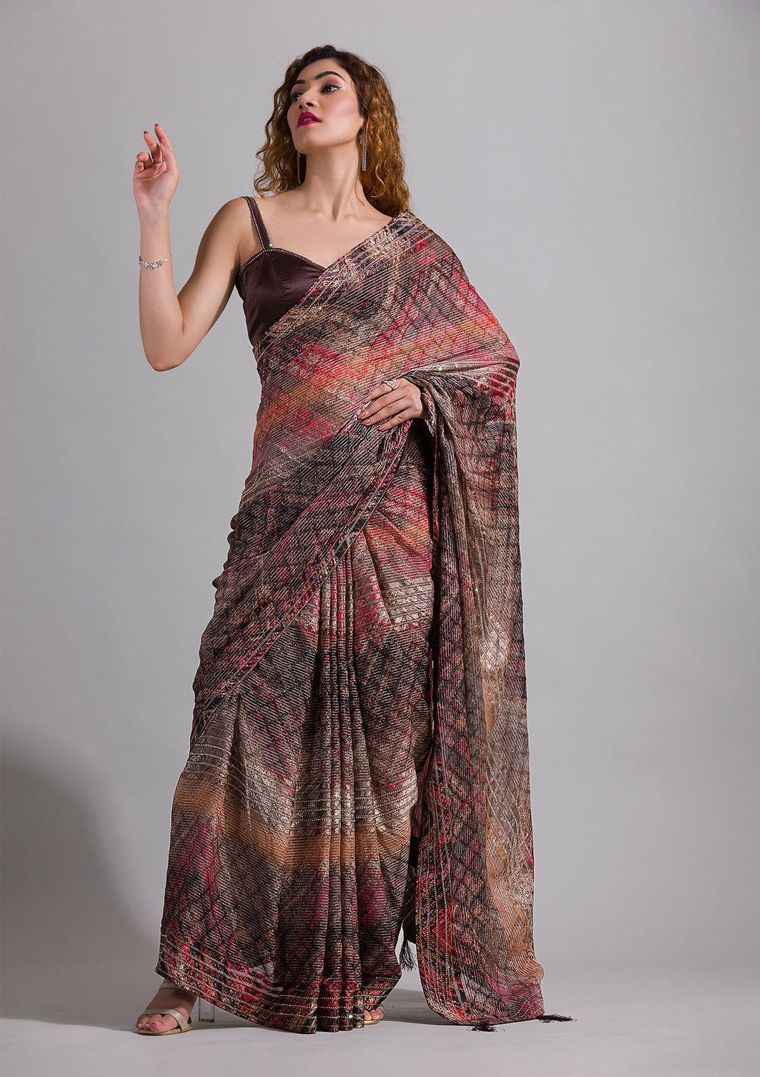 Brown Swarovski Georgette Saree-Koskii