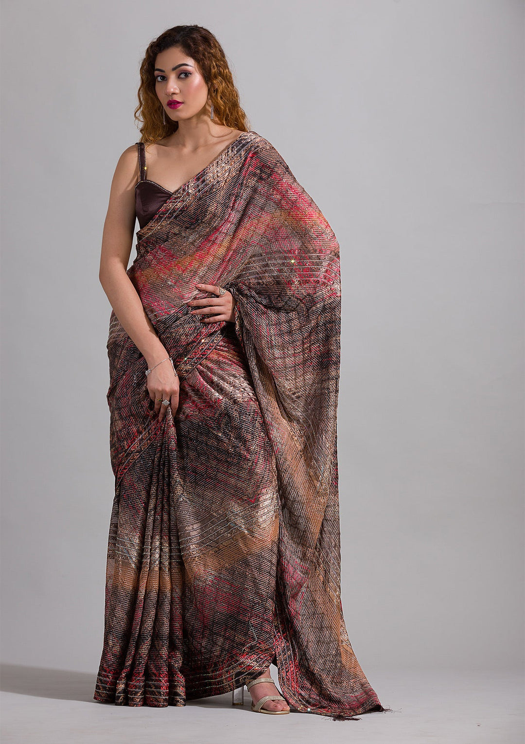 Brown Swarovski Georgette Saree-Koskii