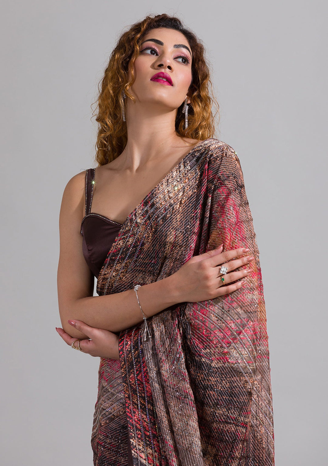 Brown Swarovski Georgette Saree-Koskii