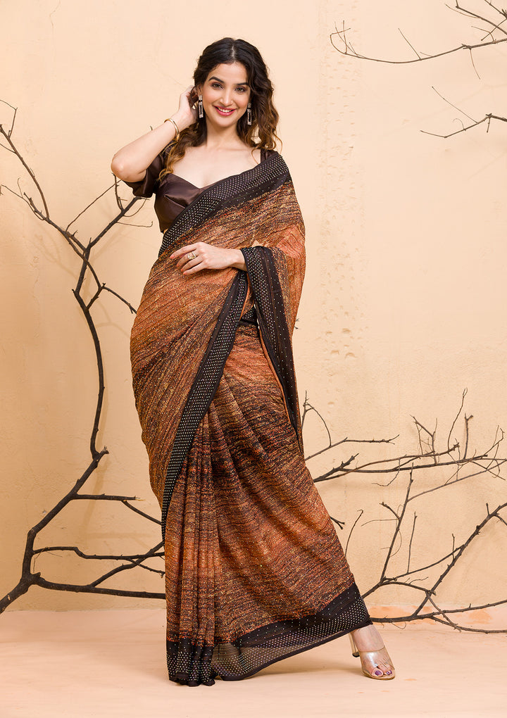 Brown Swarovski Chiffon Designer Saree-Koskii