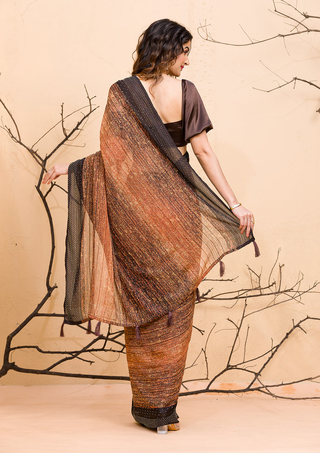 Brown Swarovski Chiffon Saree-Koskii