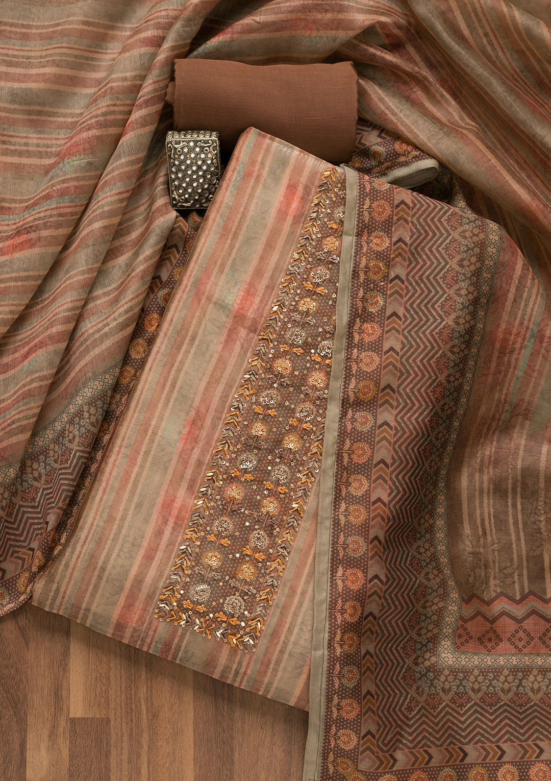 Brown Threadwork Chanderi Unstitched Salwar Suit-Koskii
