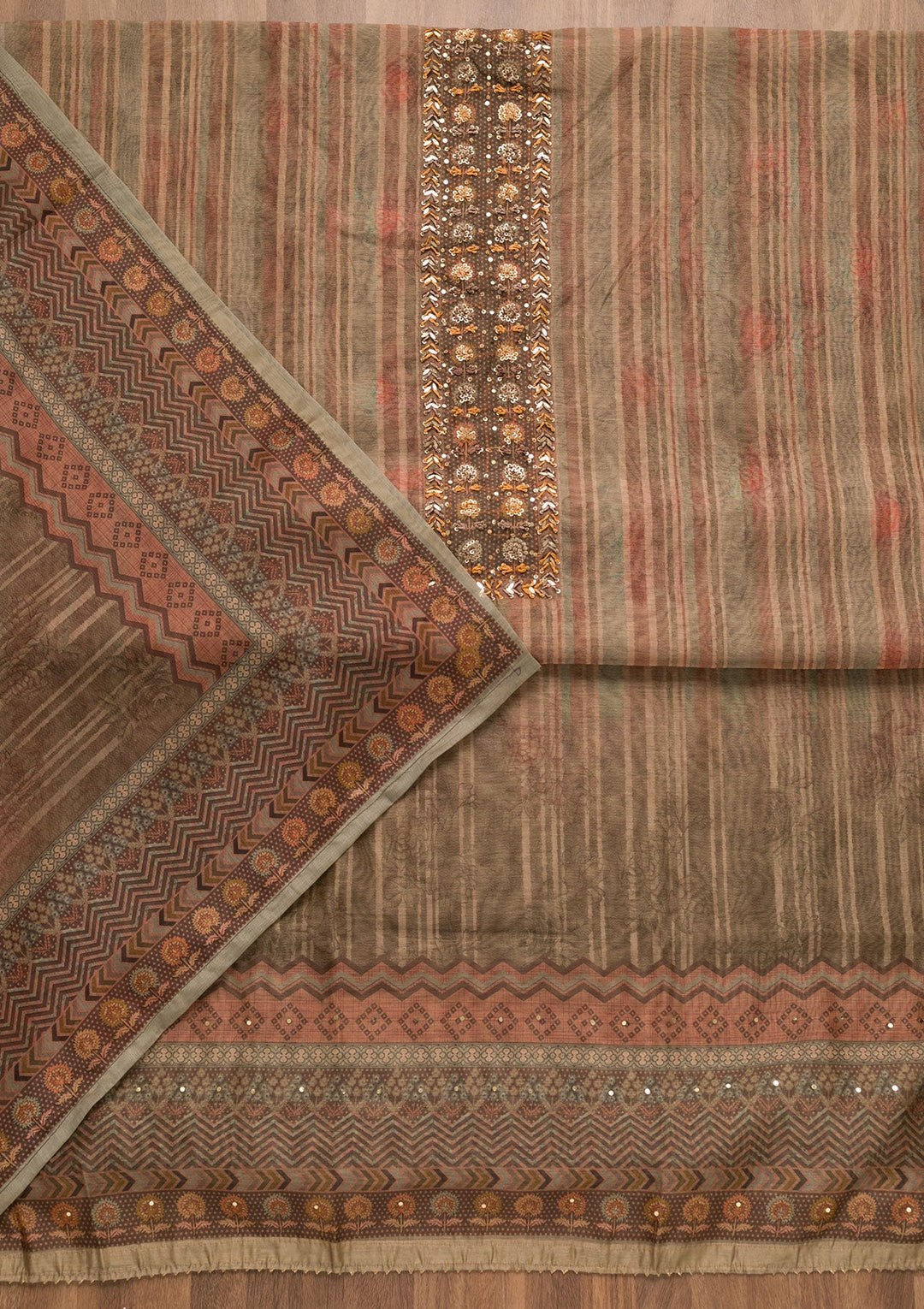 Brown Threadwork Chanderi Unstitched Salwar Suit-Koskii