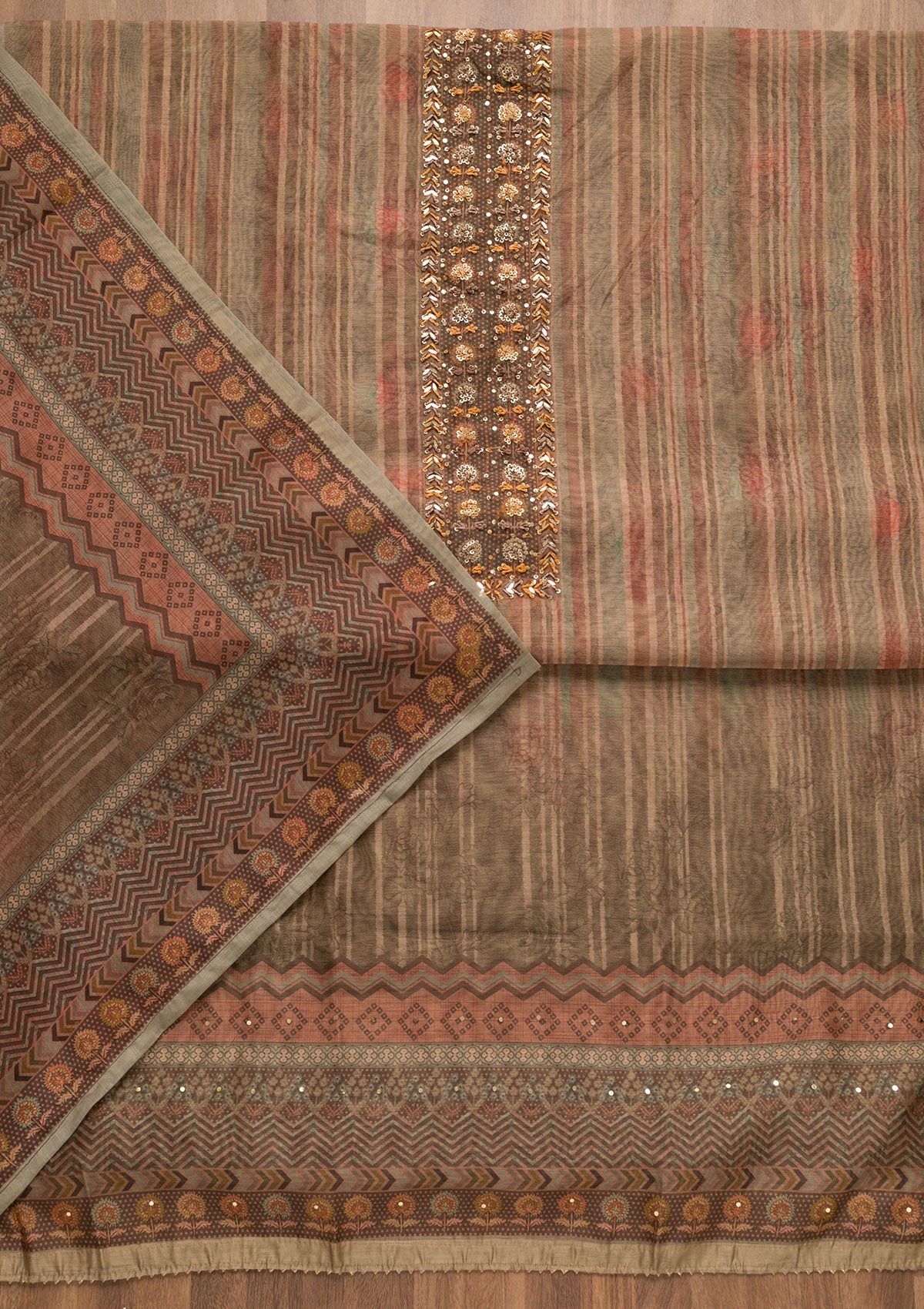 Brown Threadwork Chanderi Unstitched Salwar Suit-Koskii
