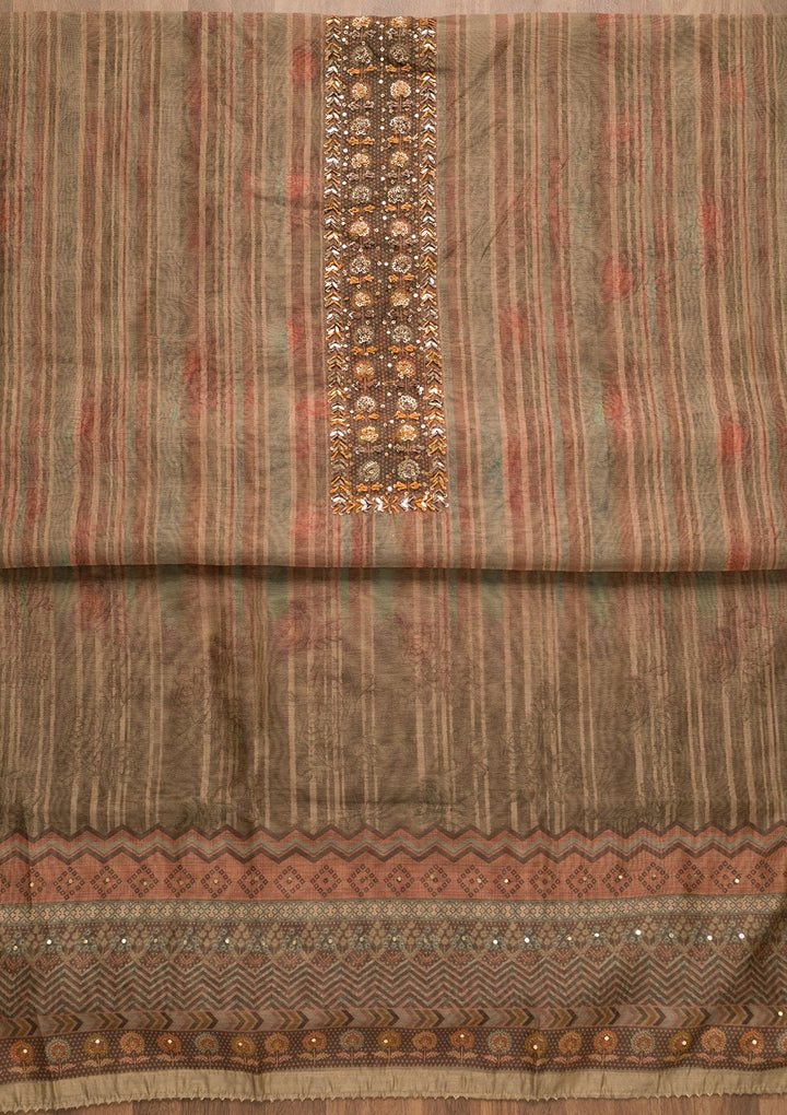 Brown Threadwork Chanderi Unstitched Salwar Suit-Koskii