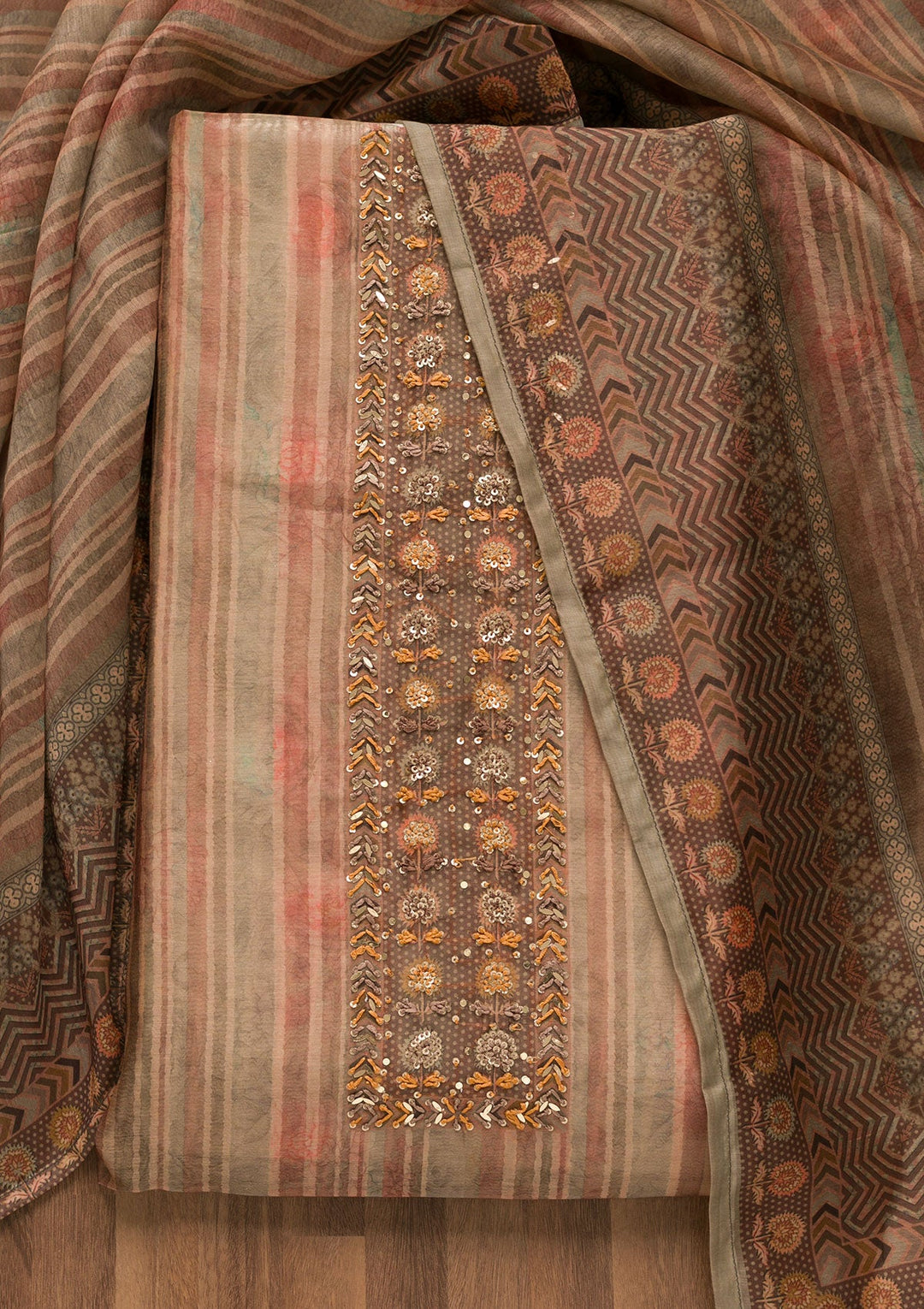 Brown Threadwork Chanderi Unstitched Salwar Suit-Koskii