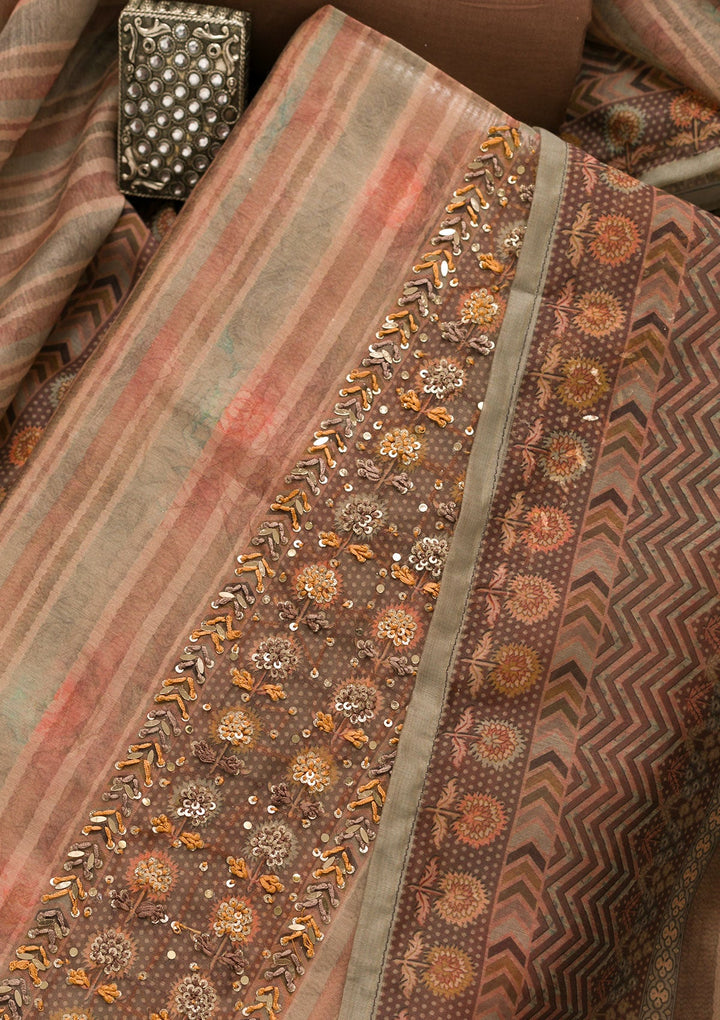 Brown Threadwork Chanderi Unstitched Salwar Suit-Koskii