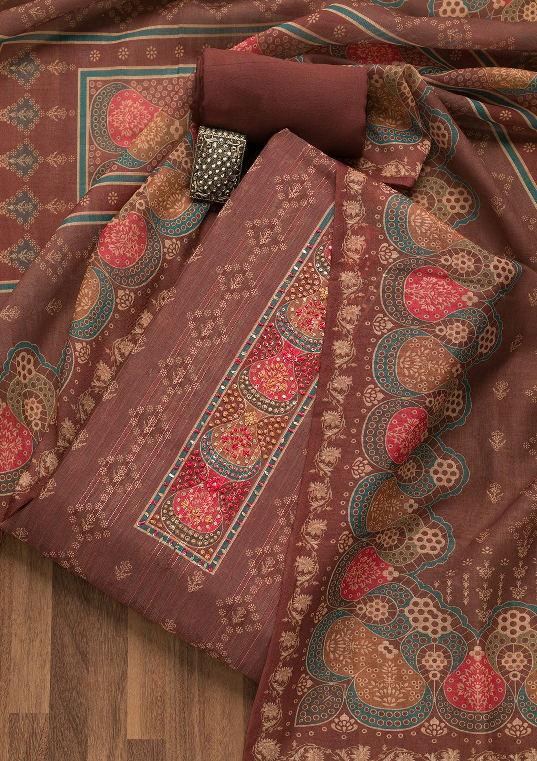 Brown Threadwork Chanderi Unstitched Salwar Suit-Koskii