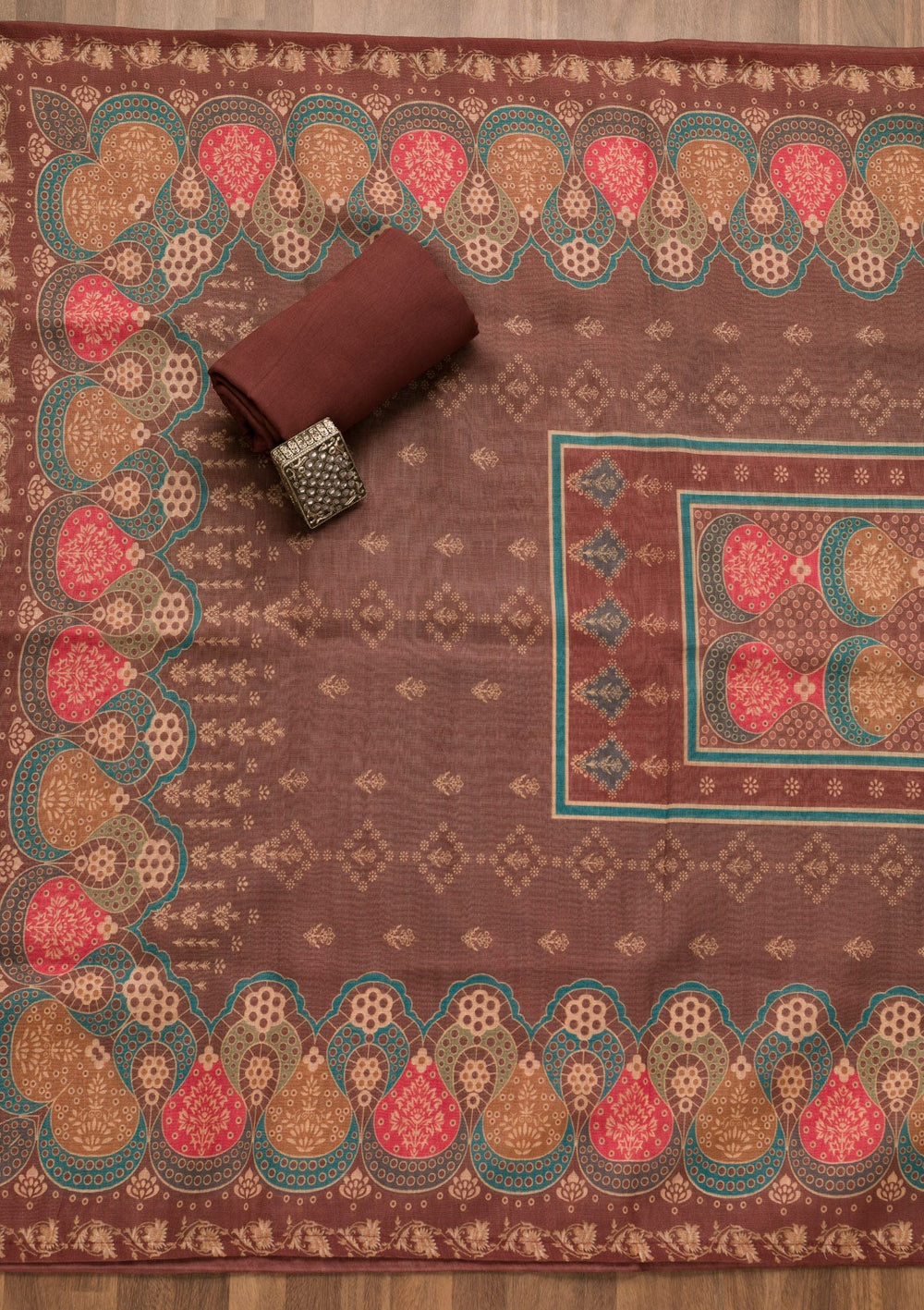 Brown Threadwork Chanderi Unstitched Salwar Suit-Koskii