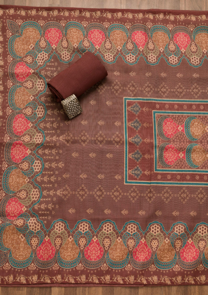 Brown Threadwork Chanderi Unstitched Salwar Suit-Koskii