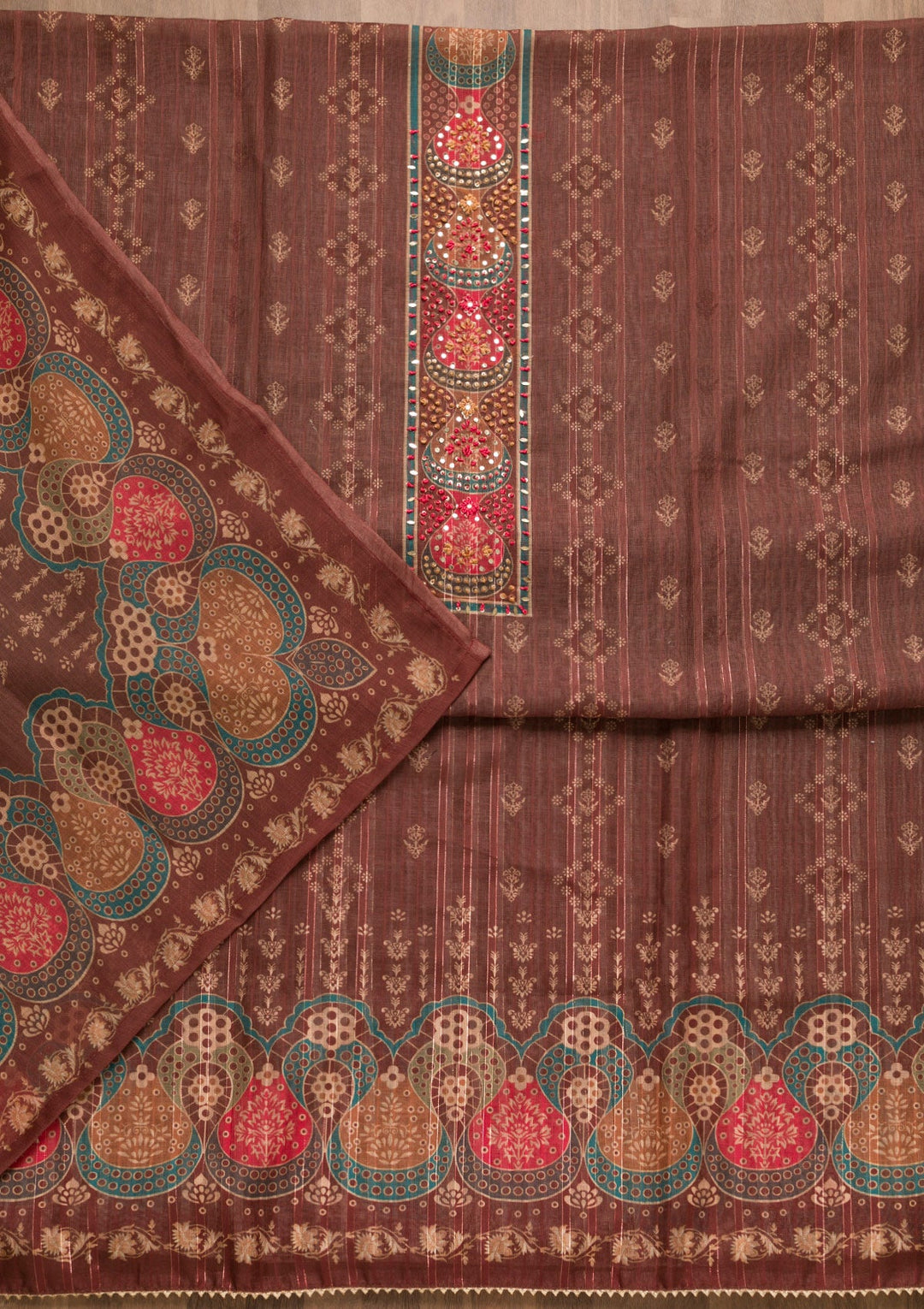 Brown Threadwork Chanderi Unstitched Salwar Suit-Koskii