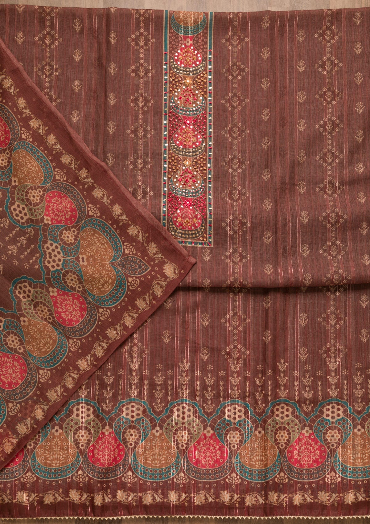 Brown Threadwork Chanderi Unstitched Salwar Suit-Koskii